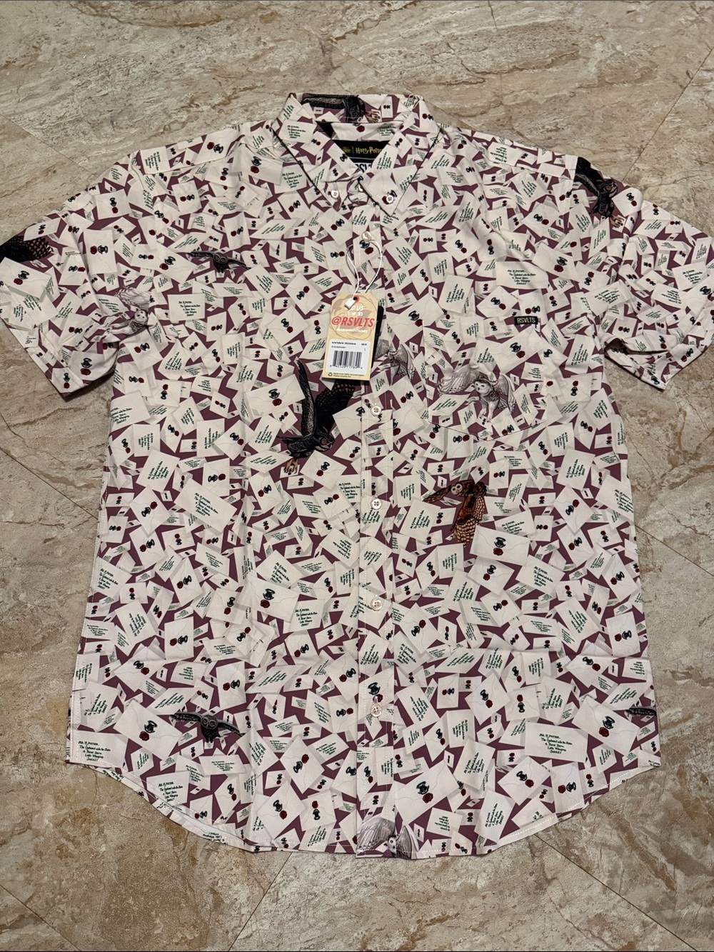 RSVLTS Cream Short-Sleeve Button-Down with Burgundy Geometric Print